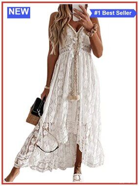CUPSHE Lace Maxi Dress Adjustable Straps High Low Empire Waist Summer Wedding